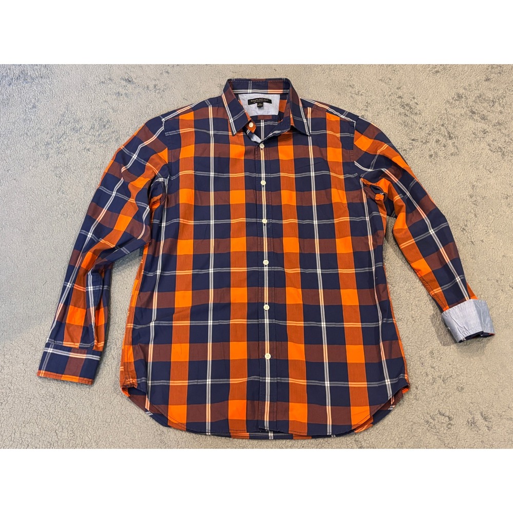 Banana Republic Soft Wash Slim Fit Plaid Shirt Mens Large Orange Navy Cotton